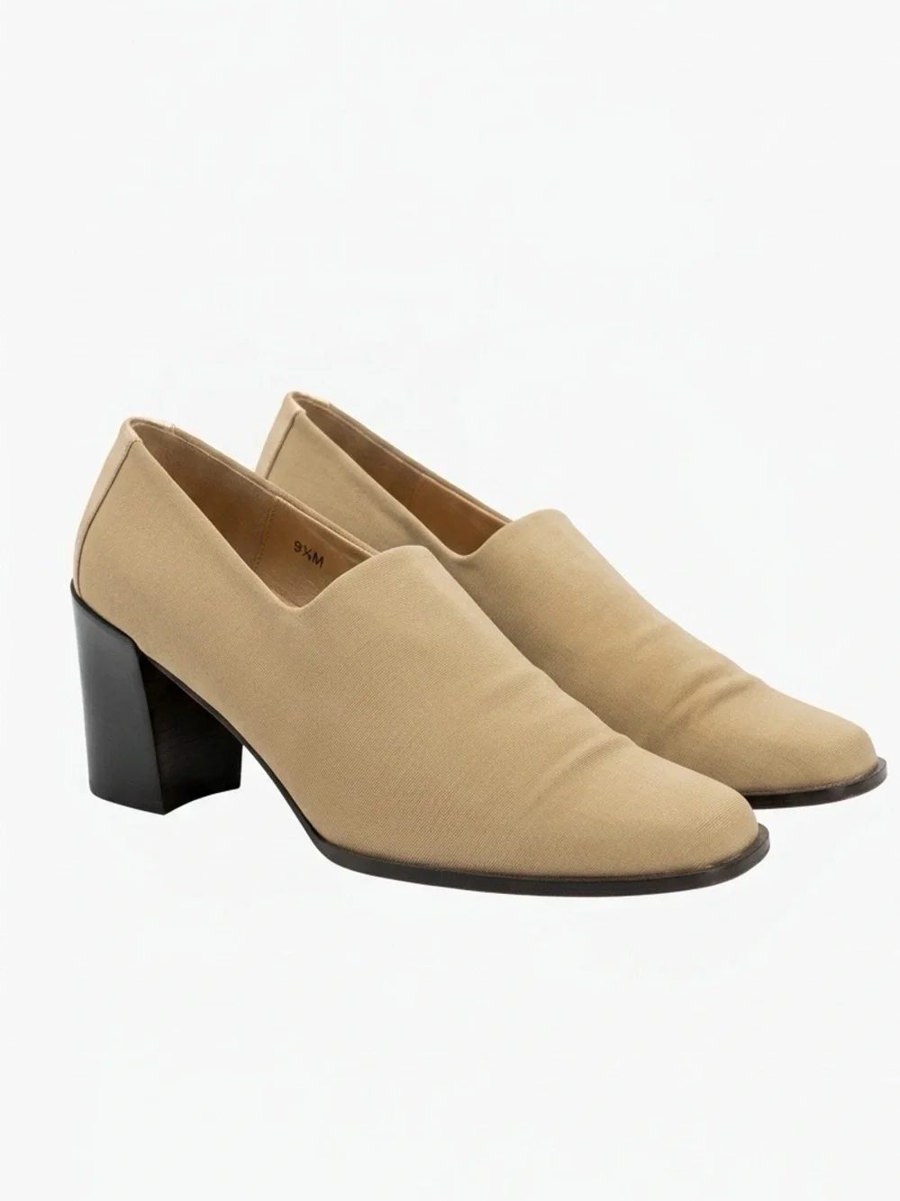 Donald J. Pliner Beige Canvas Block Heel Loafers with Gold Accent